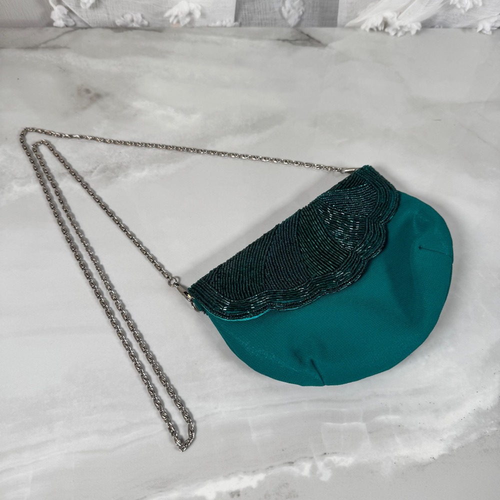 Vintage Green Evening Bag Beaded Scalloped Flap Detachable Silver Toned Strap